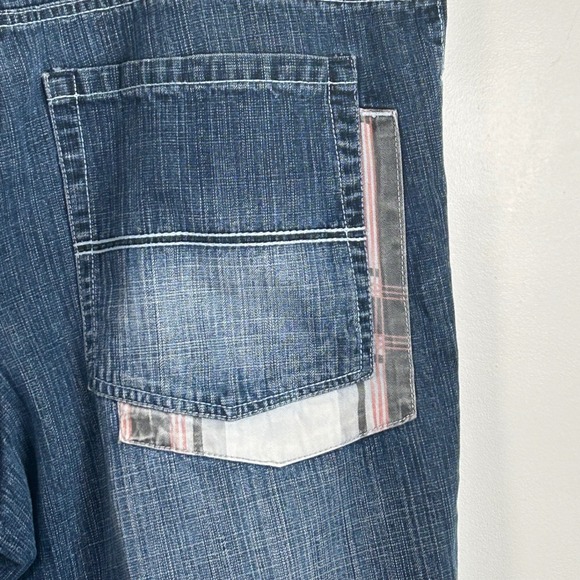 WCKD BRAND Mens Y2K Long Denim Shorts Size 40 Blue Wash Classic Fit Plaid Accent - Picture 9 of 15